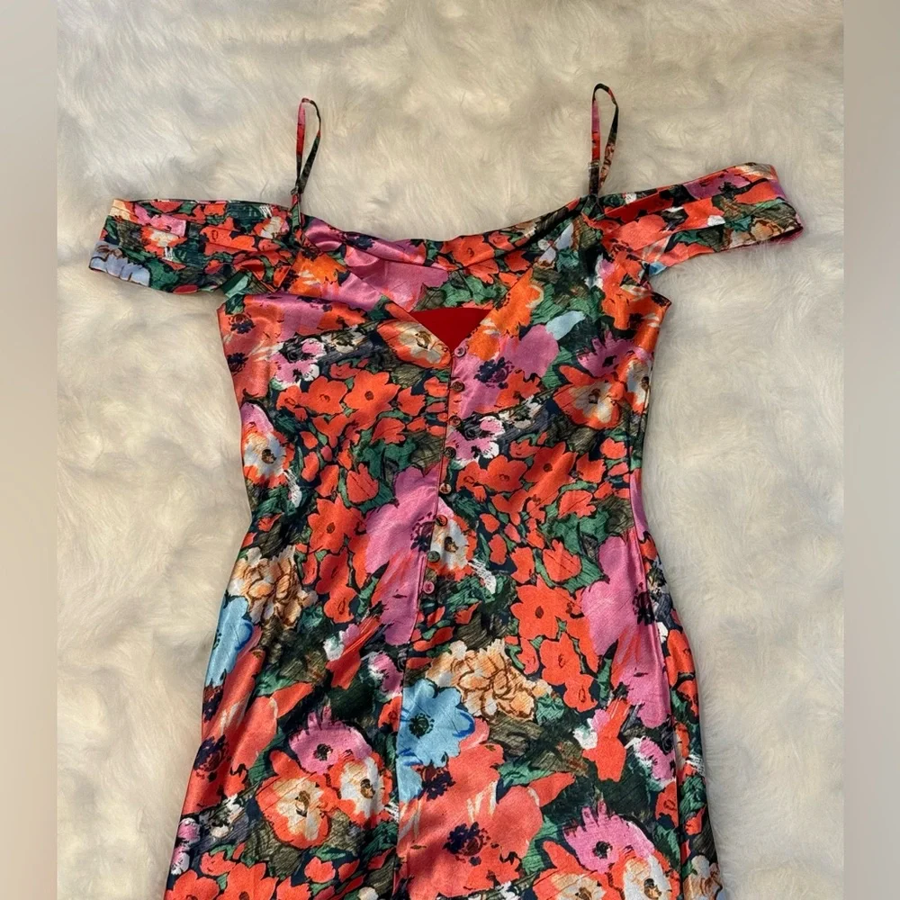 Hope & Ivy Cold Shoulder Satin Slip Floral Dress - Picture 4 of 4